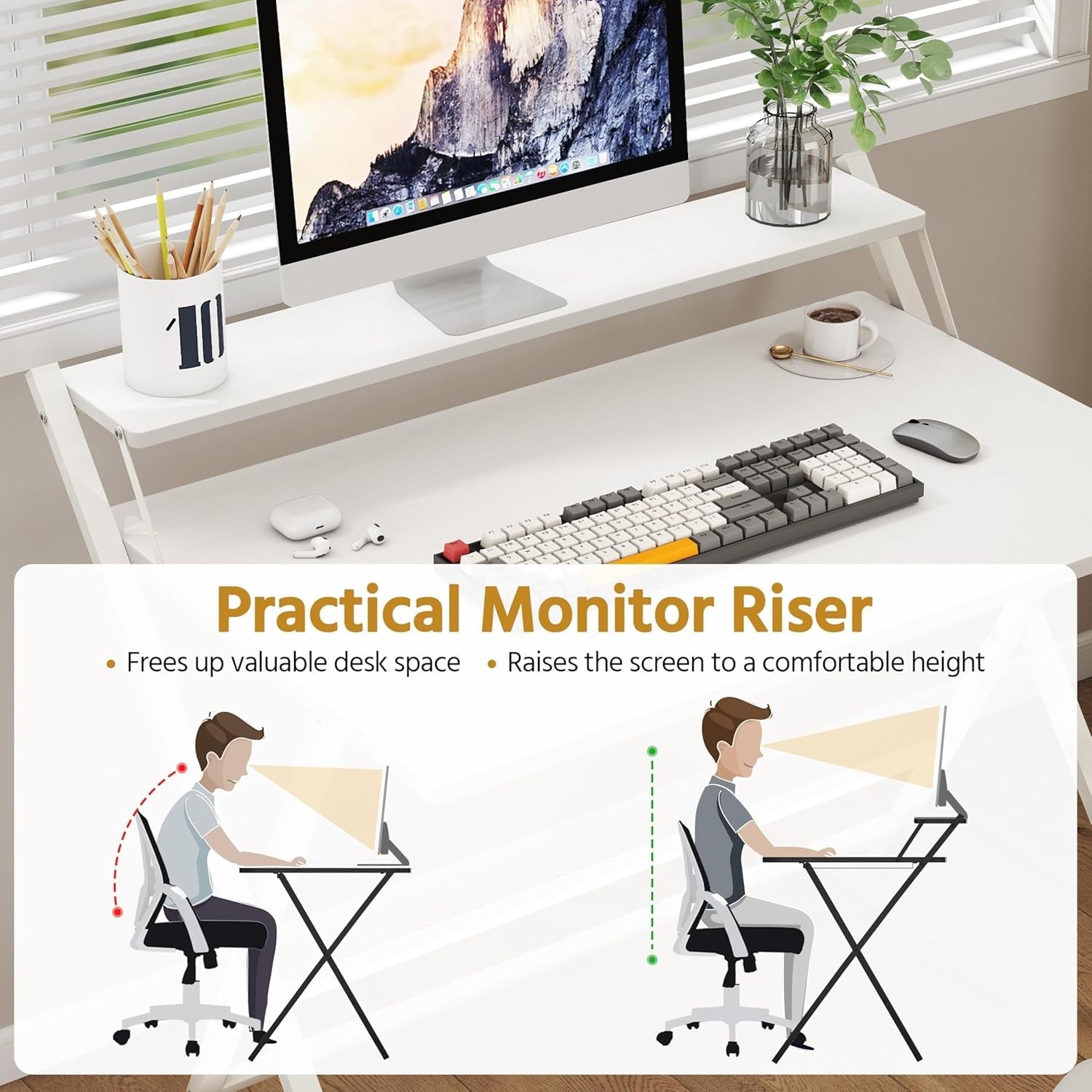 Foldable Computer Desk Large 100cm with Monitor Stand Small Space White