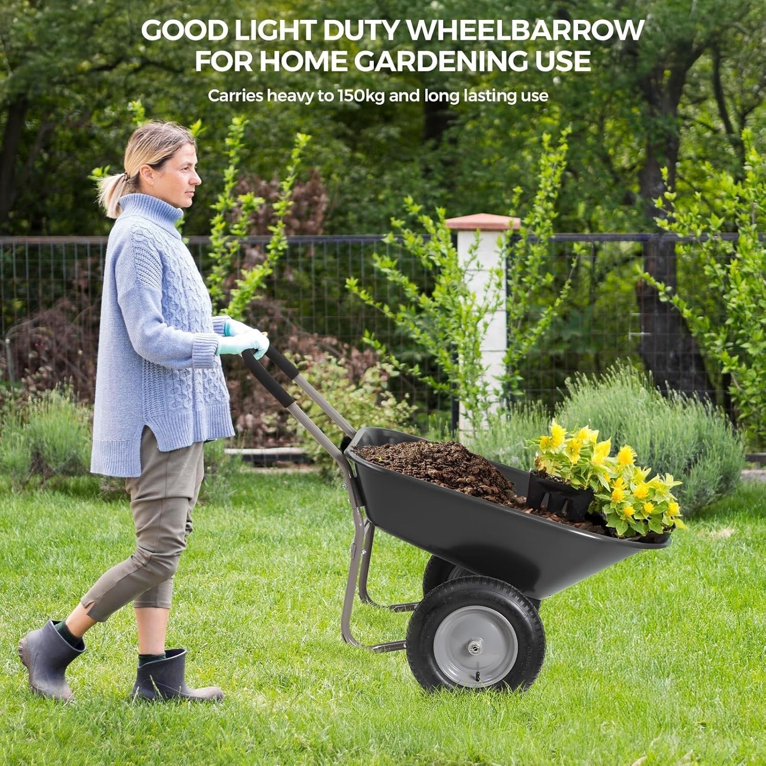 85L 2-Wheel Garden Trolley – Heavy Duty Cart w/ Pneumatic Tyres 150kg Capacity