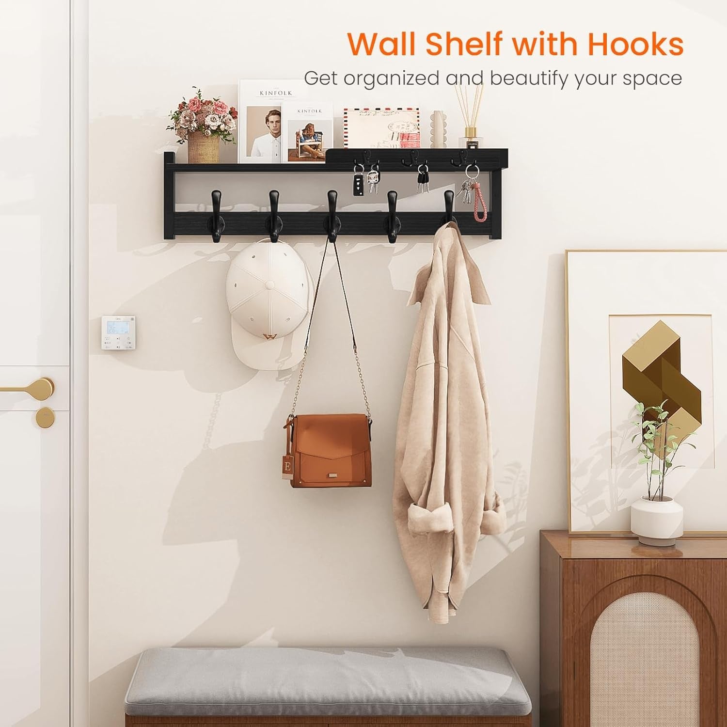 Black Wall Coat Rack 29" Wood Shelf with Hooks & Key Holder Entryway Organizer