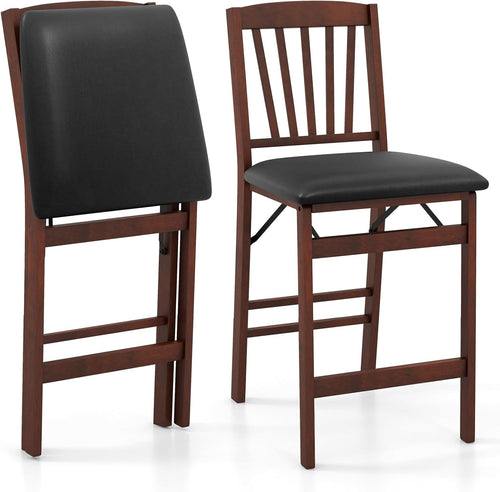 Folding Bar Stool Set of 2 | PVC Leather Spindle Back Counter Chairs