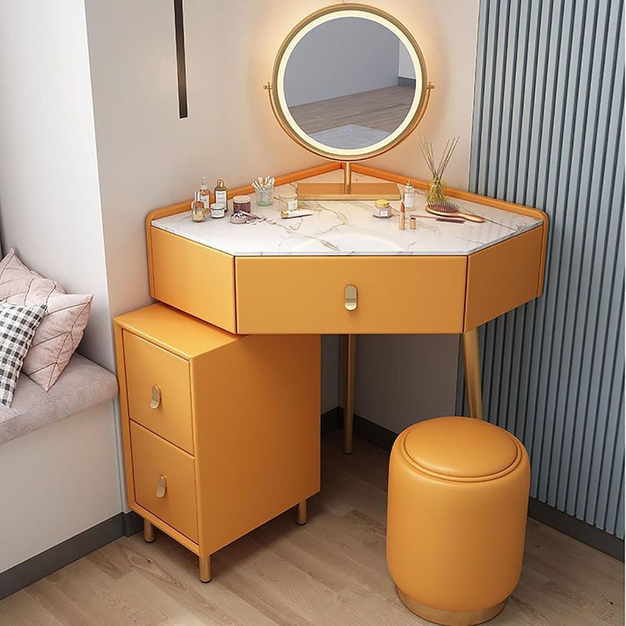 Corner Vanity Set w/ 3-Color LED Touch Mirror Wood Makeup Dressing Table