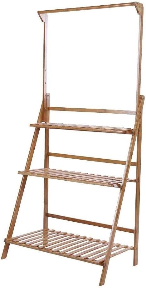 3 Tier Bamboo Plant Stand with Hanging Bar Indoor Outdoor Foldable Flower Shelf