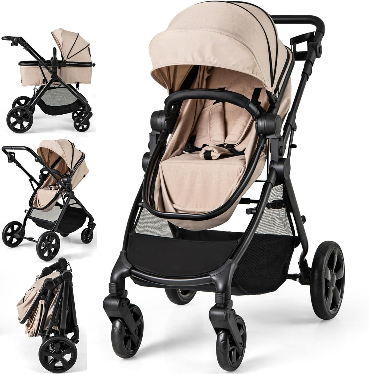 2in1 Baby Pushchair Reversible Seat Foldable Newborn Stroller Beige