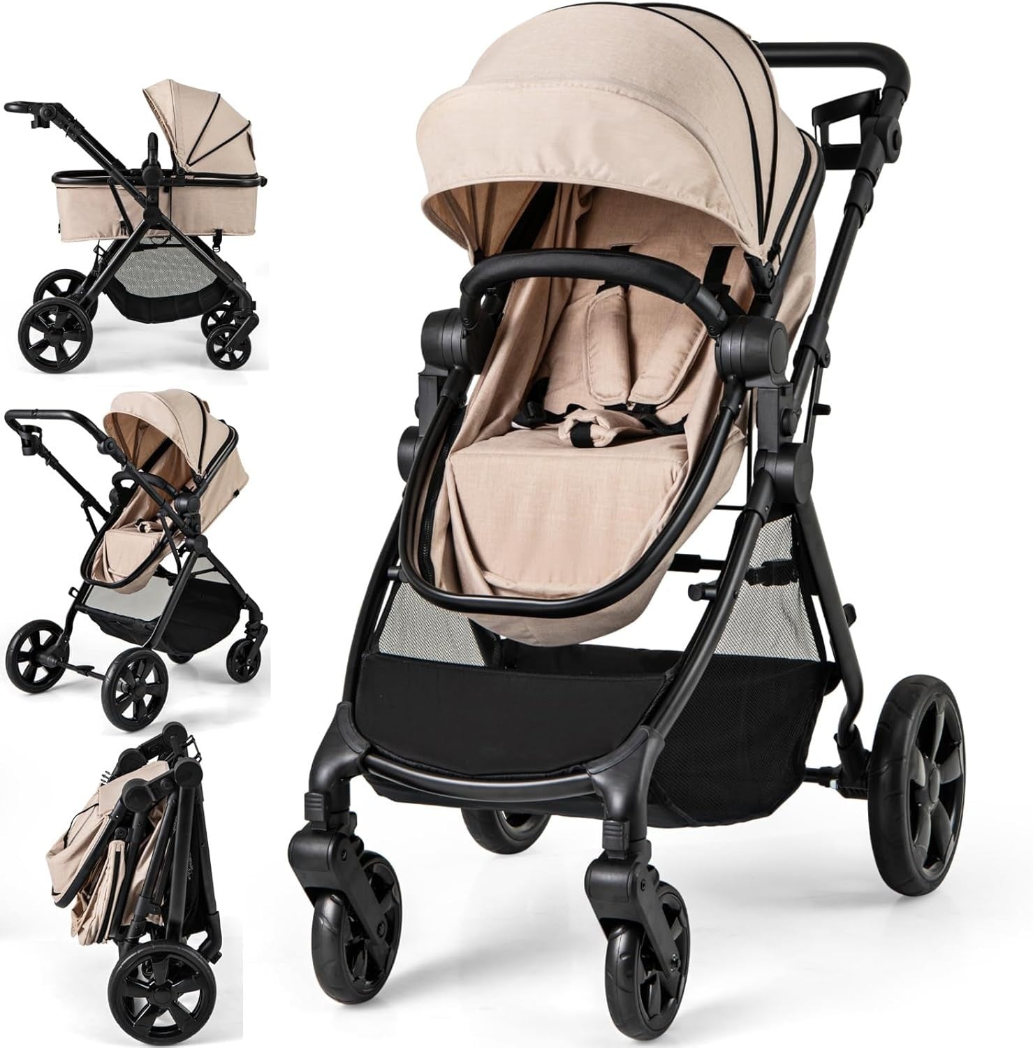 2in1 Baby Pushchair Reversible Seat Foldable Newborn Stroller Beige