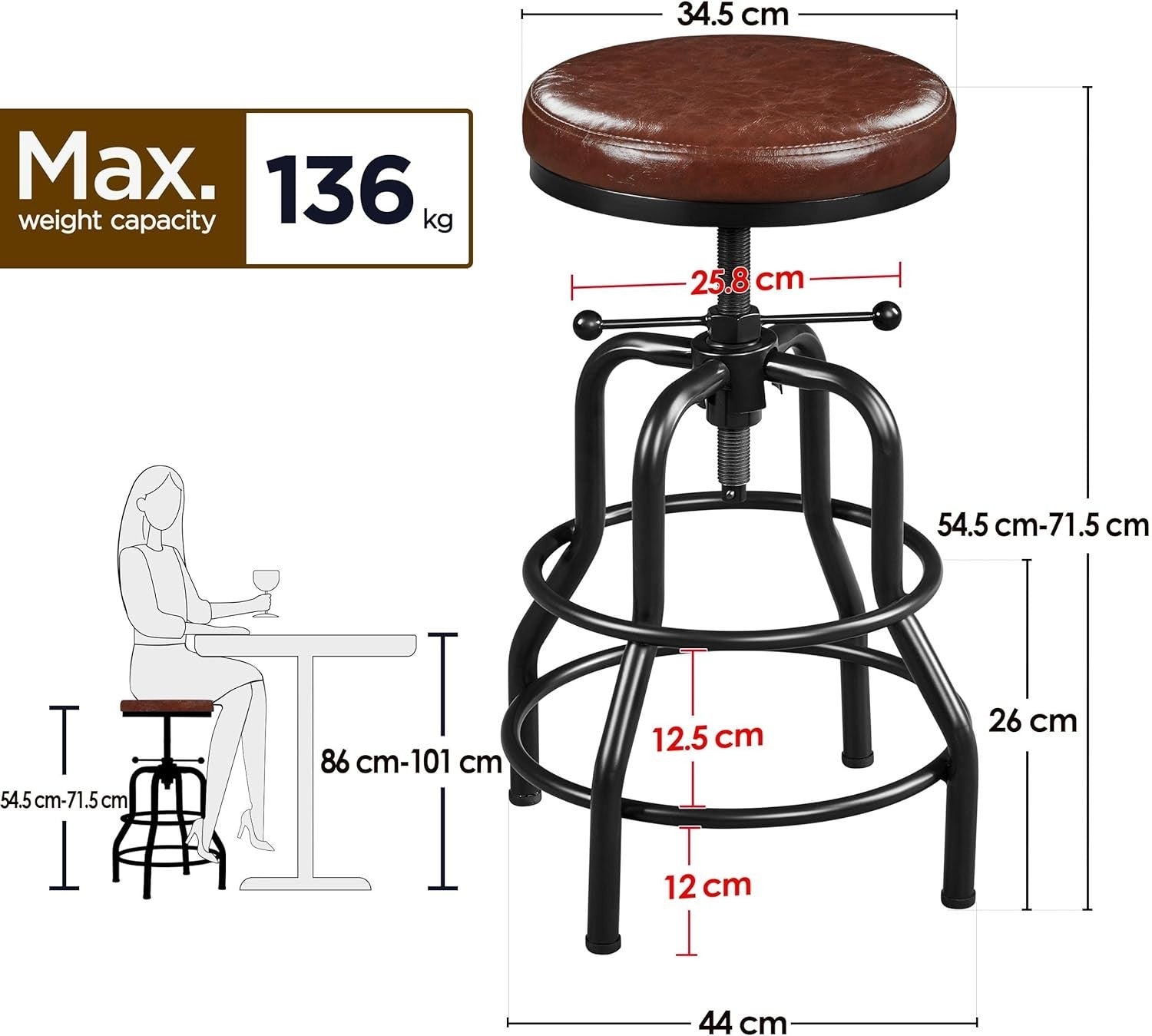 Adjustable Rustic Industrial Bar Stool Faux Leather Kitchen Counter Chair