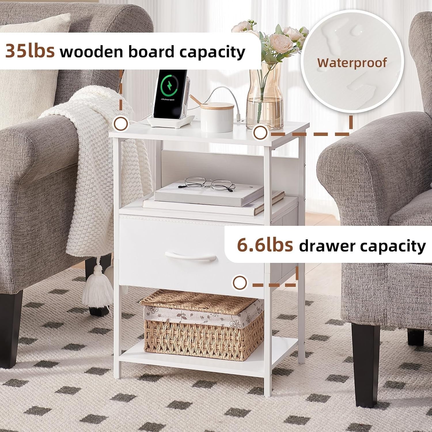 White Bedside Table with LED Light – USB Charging Ports