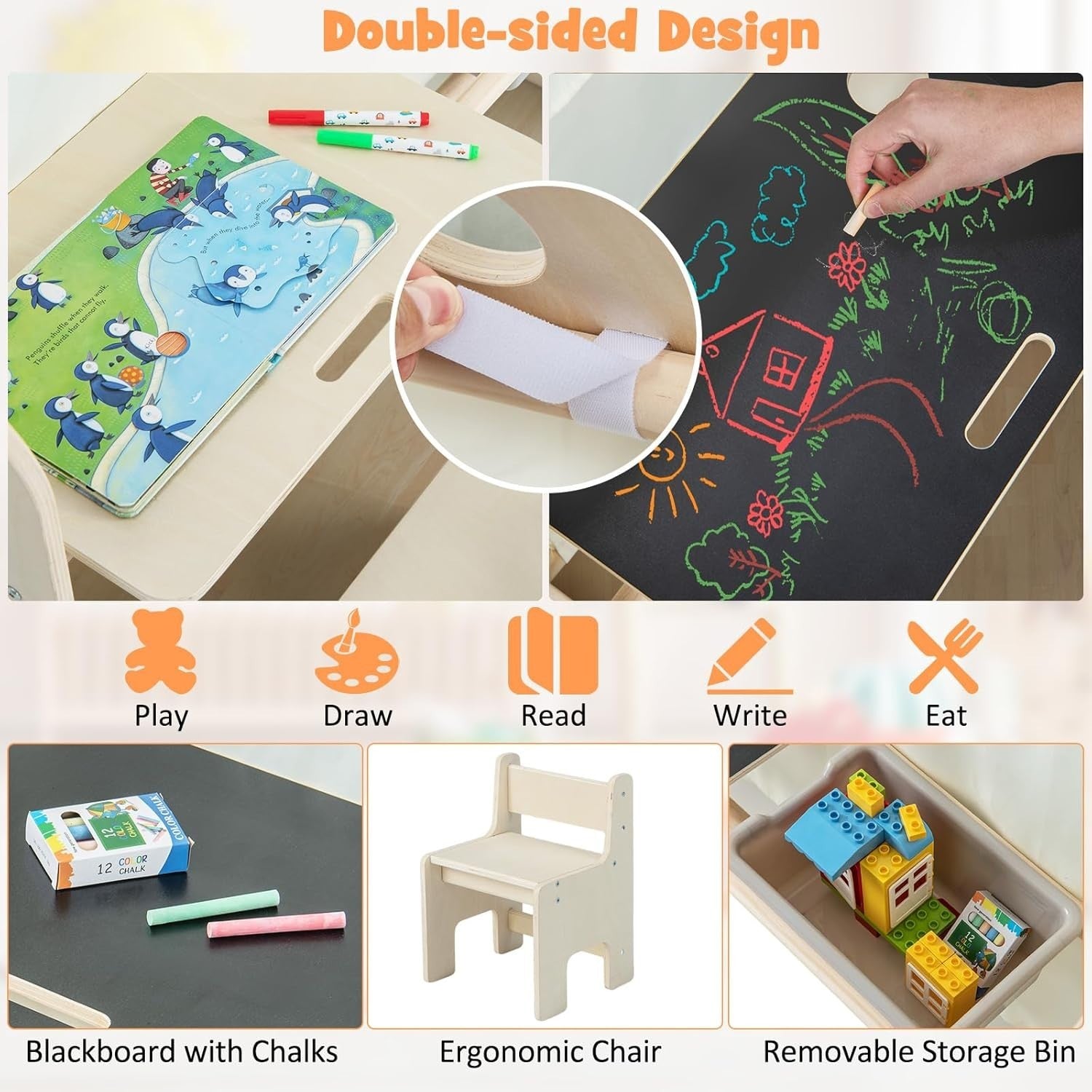 6 in 1 Kids Indoor Play Tent Wooden Playhouse w Mat Table Chair
