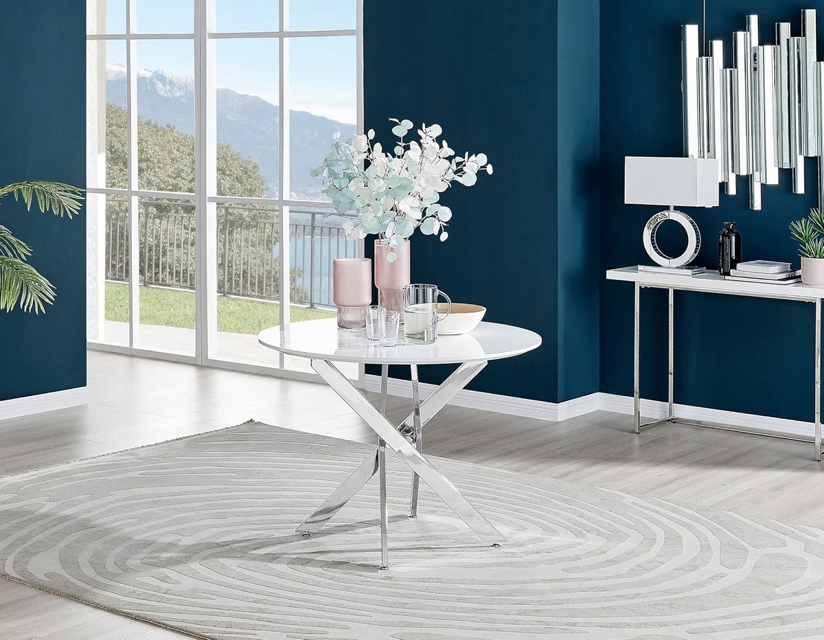 100cm Round Marble Dining Table Gloss White Top Black Metal Legs