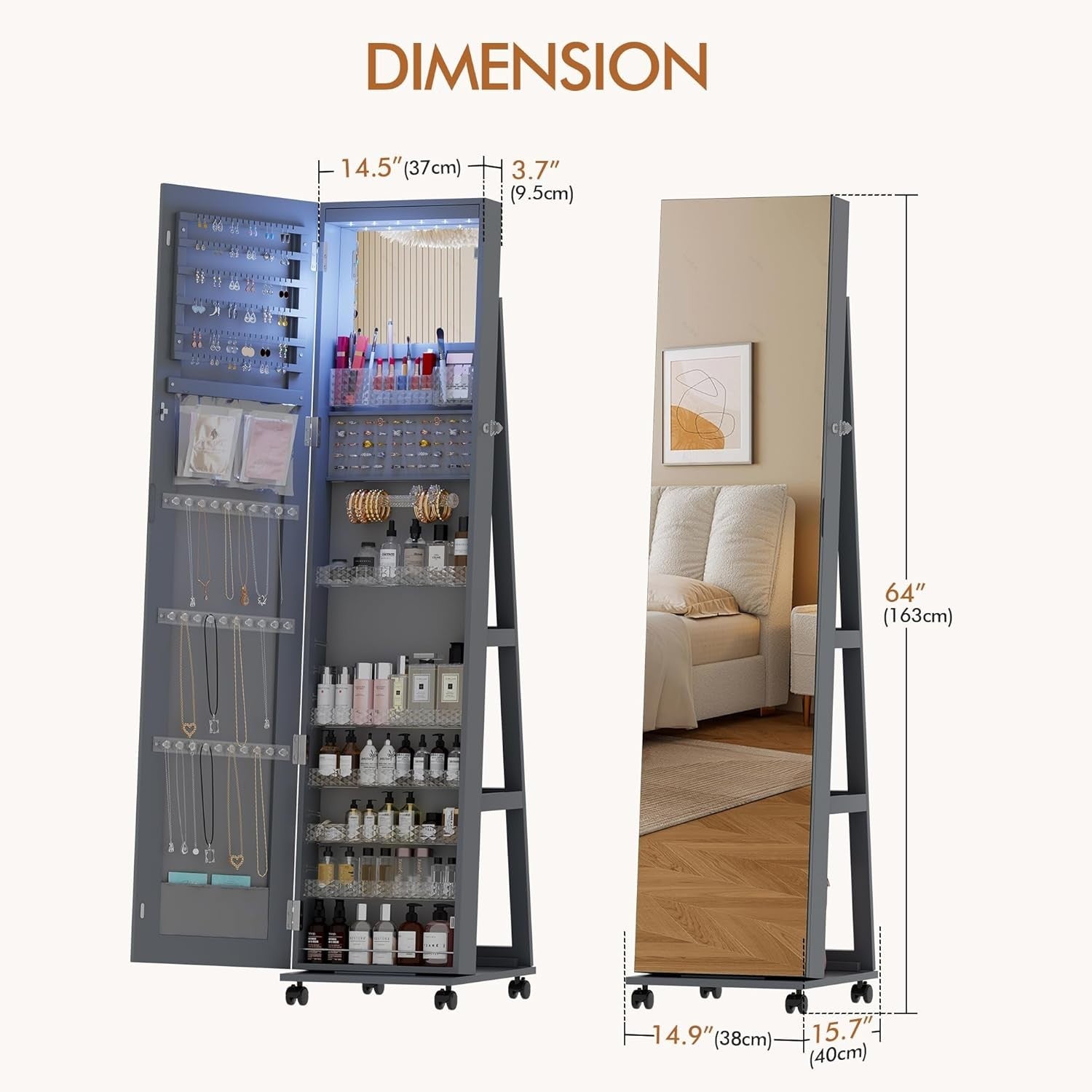 Gray 360° Swivel Jewellery Cabinet Lockable Full Length Mirror Storage