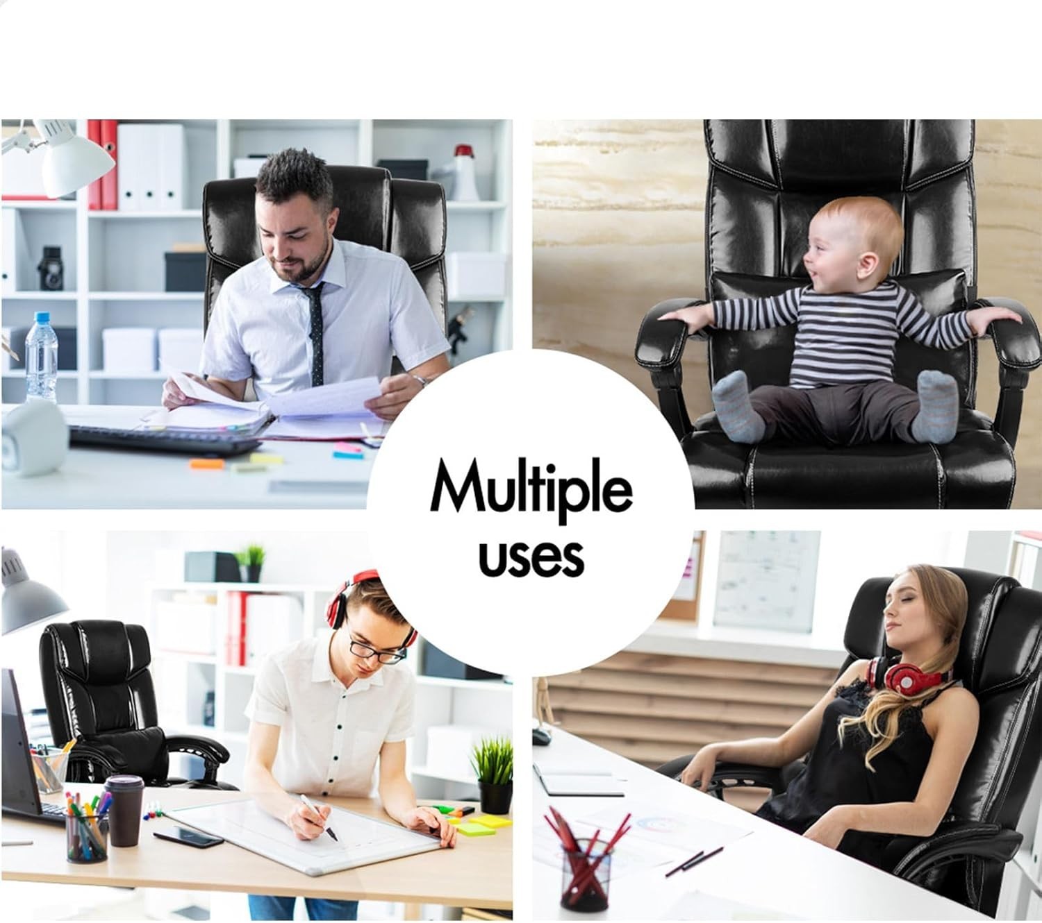 Executive Ergonomic Office Chair, Adjustable Reclining PU Leather Swivel Desk Se