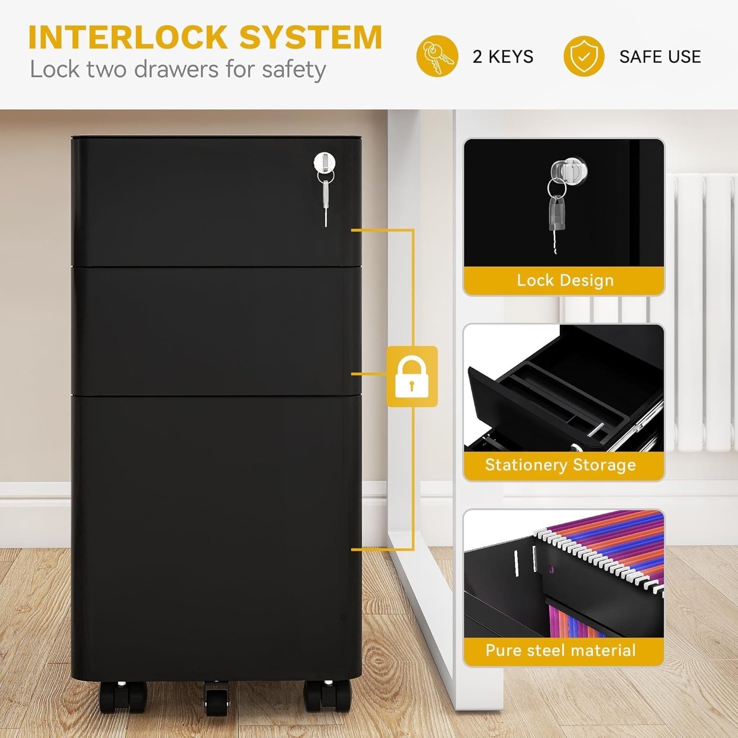 Black 3 Drawer Lockable Metal File Cabinet 30x45x61cm Slim