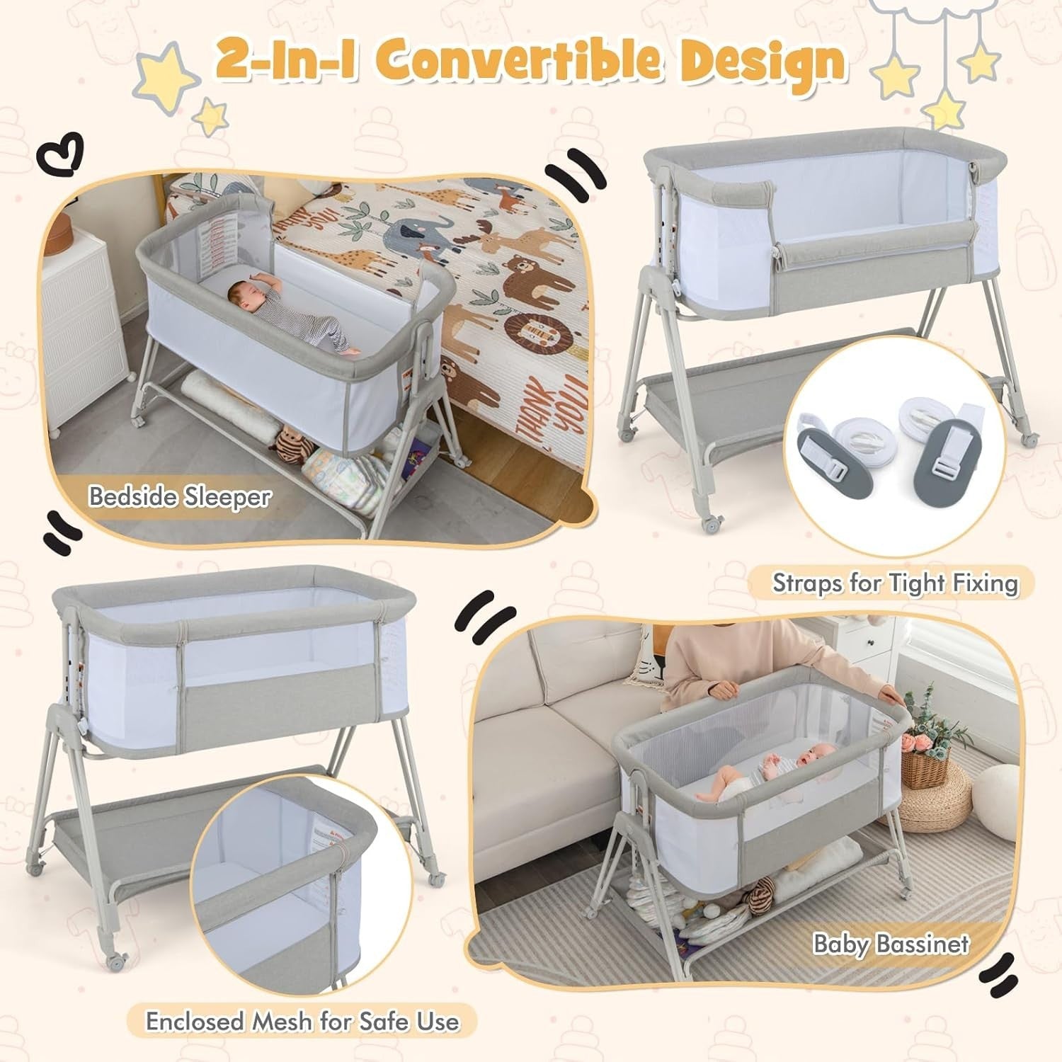 Baby Bedside Crib w/ Mattress 7 Height Adjustable Mesh Sides Storage Shelf Grey
