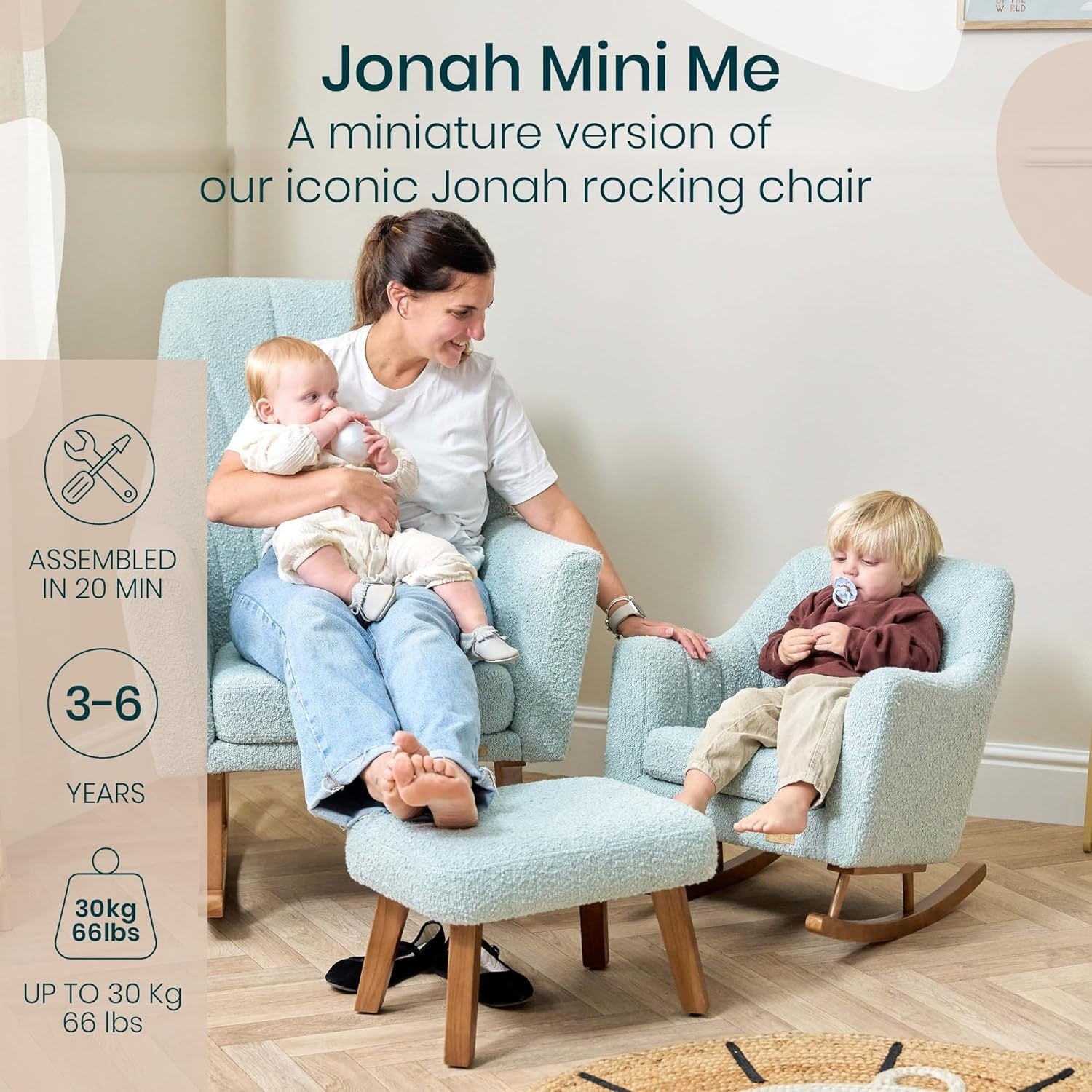 Toddler Rocking Chair Soft Bouclé Fabric, Rubberwood Bars, Easy Assembly