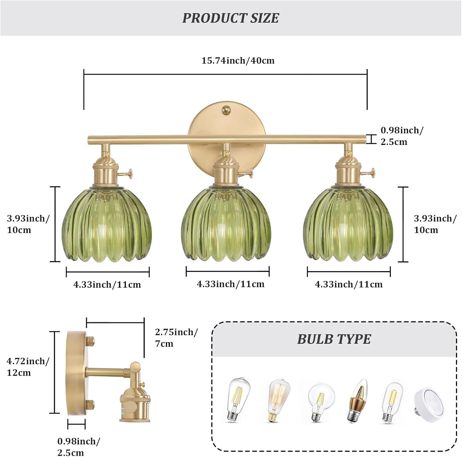 3-Light Green Glass Wall Sconce Vanity Light Brass Fixture Bathroom Mirror