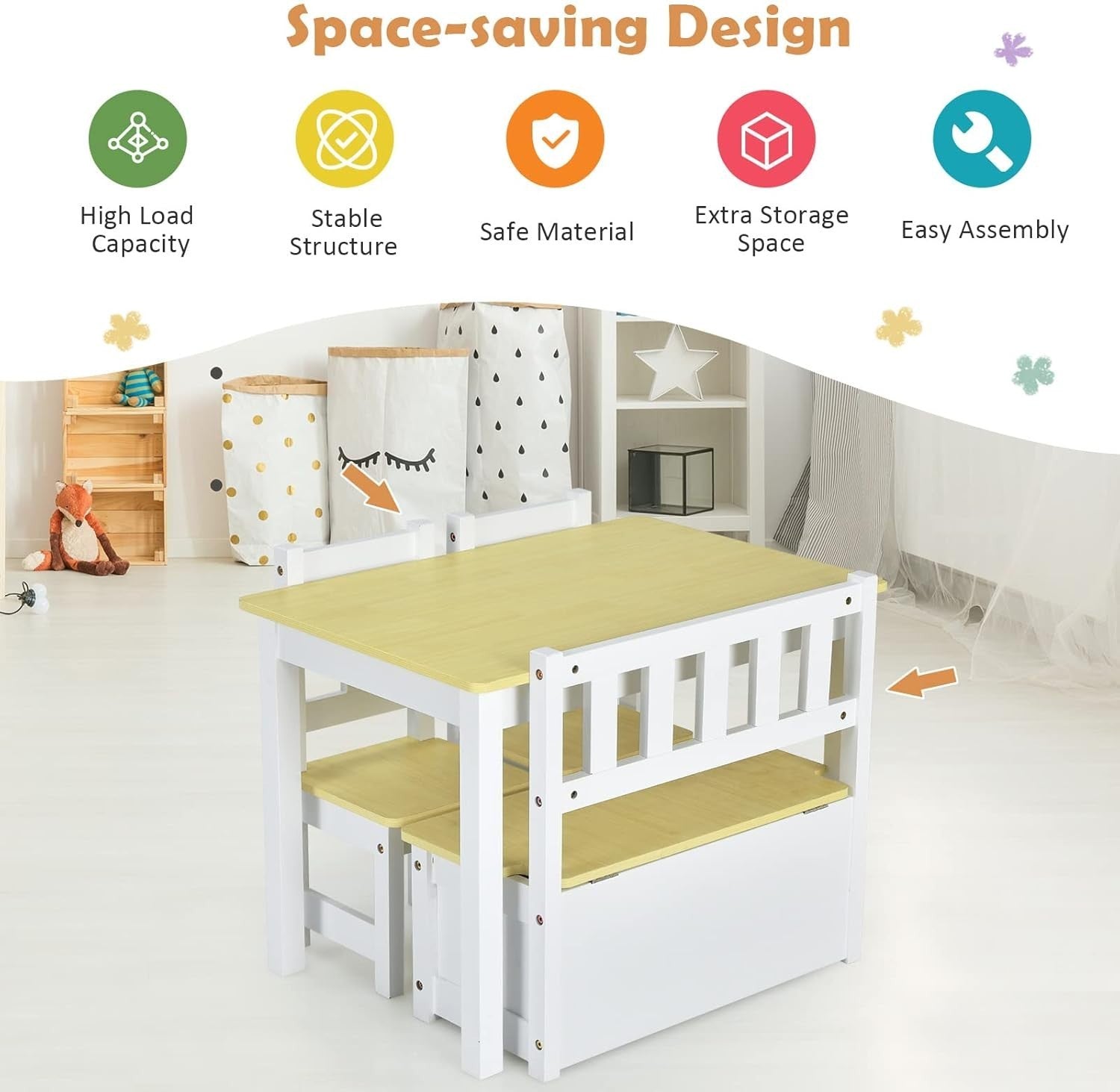 Kids Wooden Table Chair Set with Storage Bench 4pc Toddler Furniture