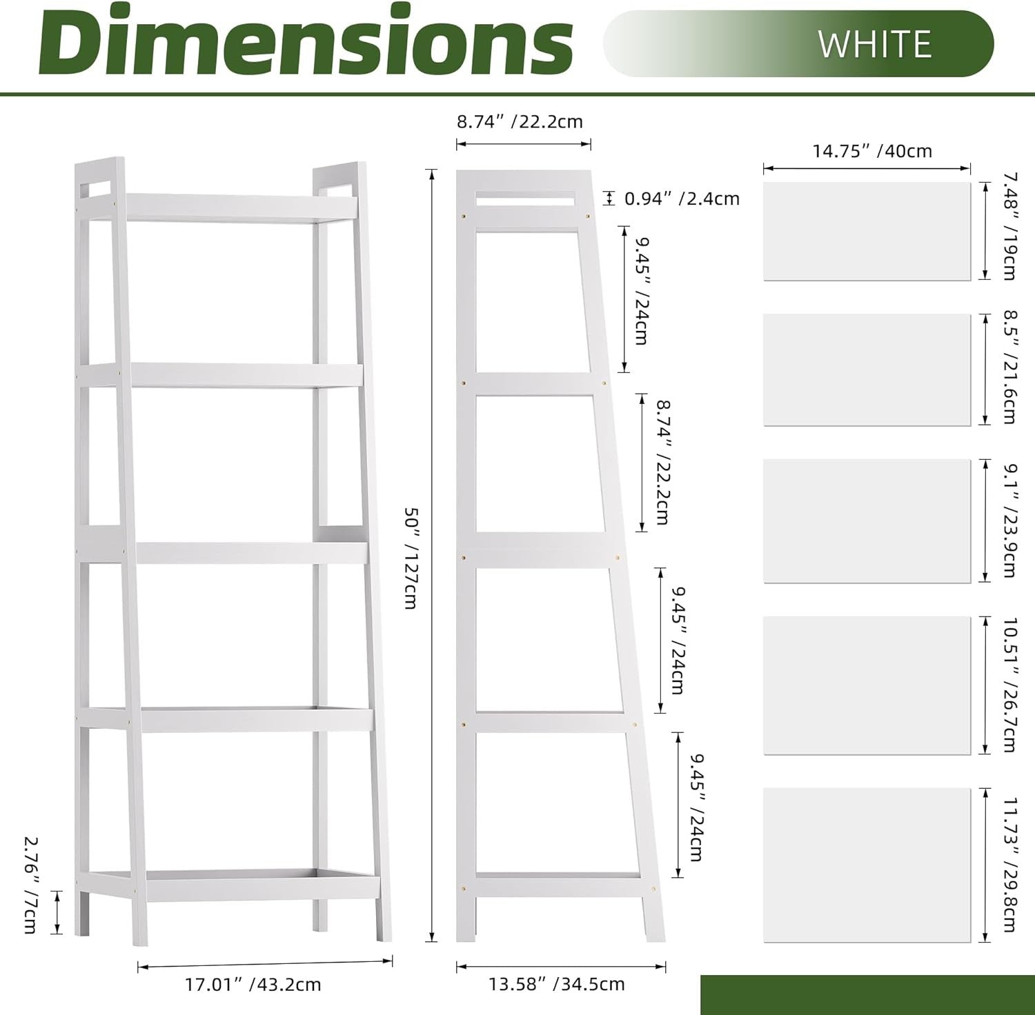 White 5-Tier Ladder Bookcase, Tall Narrow Bamboo Frame Display Storage Shelf