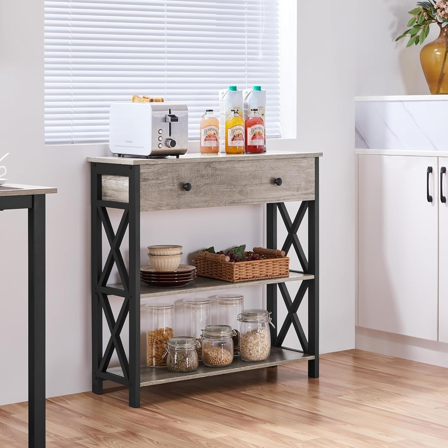 Industrial Console Table with Drawer & 2 Shelves, Durable Metal Frame, Grey