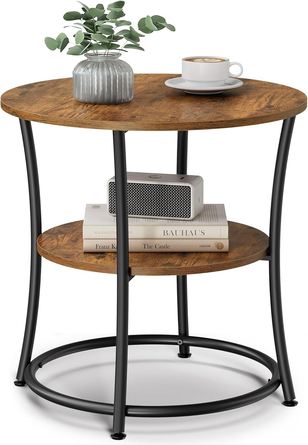 Industrial Round Side Table with 2 Shelves, Rustic Wood End Table for Bedroom