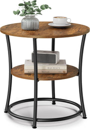 Industrial Round Side Table with 2 Shelves, Rustic Wood End Table for Bedroom