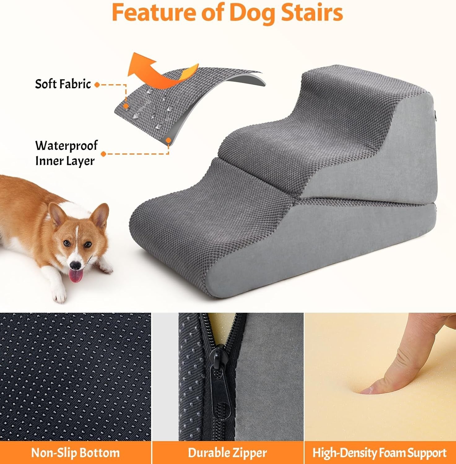 Grey 3 Step Dog Stairs Adjustable Foam Pet Ramp 68x40x40cm