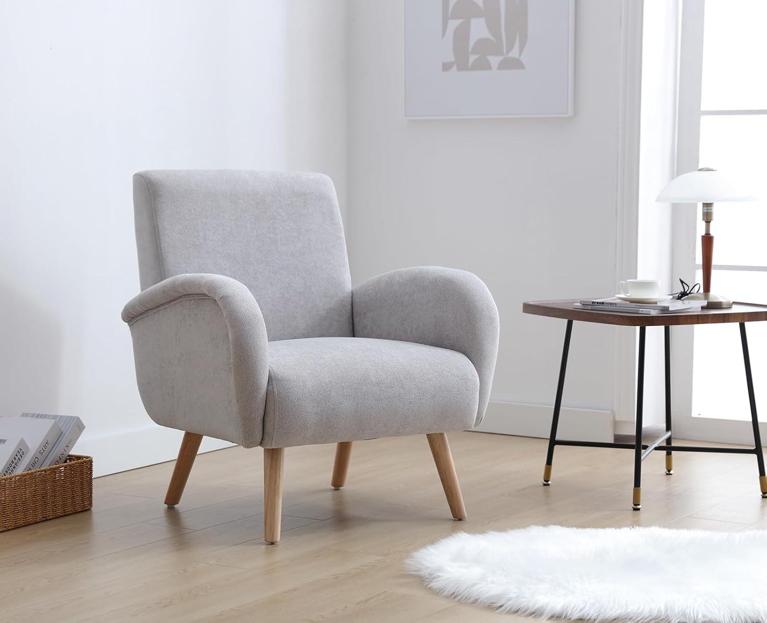 Grey Chenille Accent Tub Chair Wooden Legs Modern Armchair
