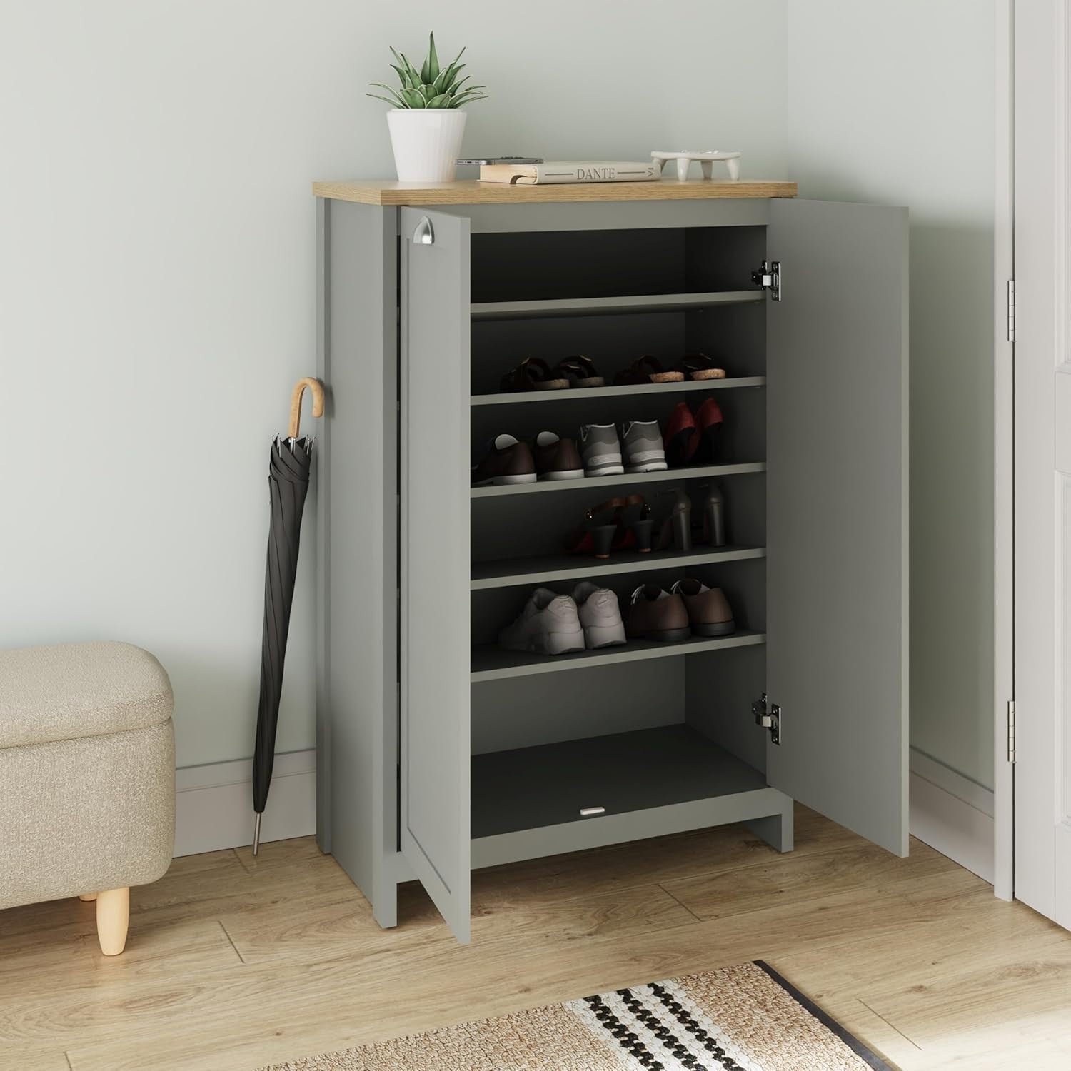 Grey Shoe Cabinet 2 Door Storage Unit with Adjustable Shelves Hallway