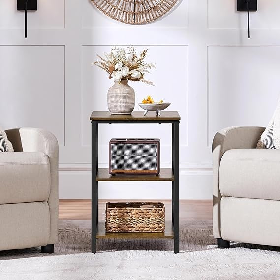 Rustic Brown 3-Tier Industrial Side Table | X-Frame Bedside Nightstand