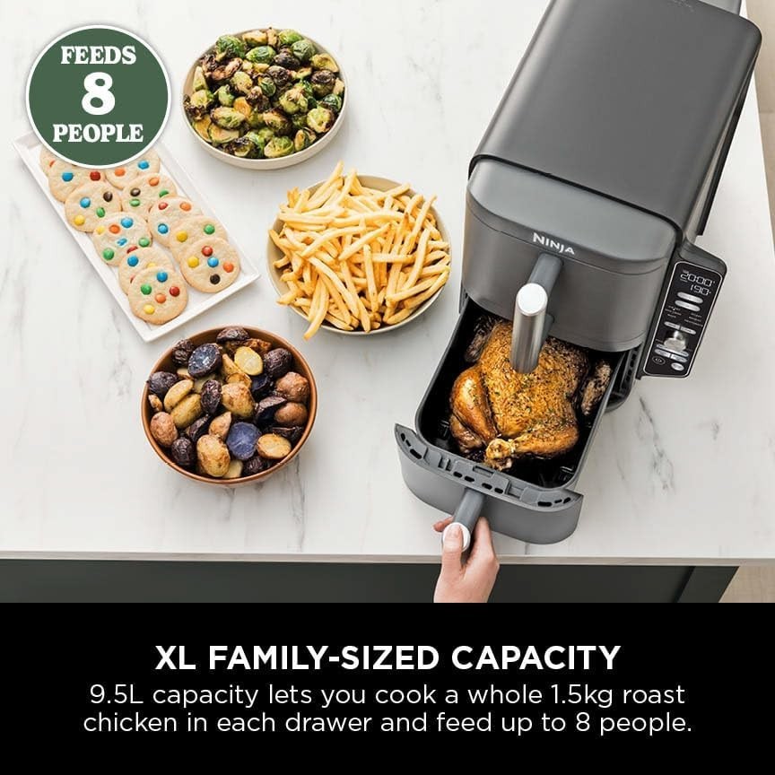 Vertical Dual Drawer Air Fryer 9.5L | Slim Space-Saving 4-Level Cooker | 6-in-1