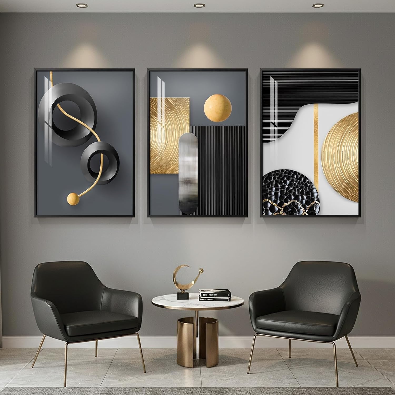 Large Framed Black Gold Abstract Wall Art 3 Panel 24x36in Set