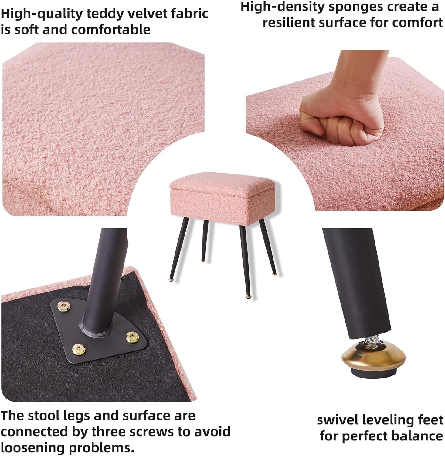 Pink Teddy Fur Vanity Stool with Storage – Soft Ottoman Chair for Bedroom