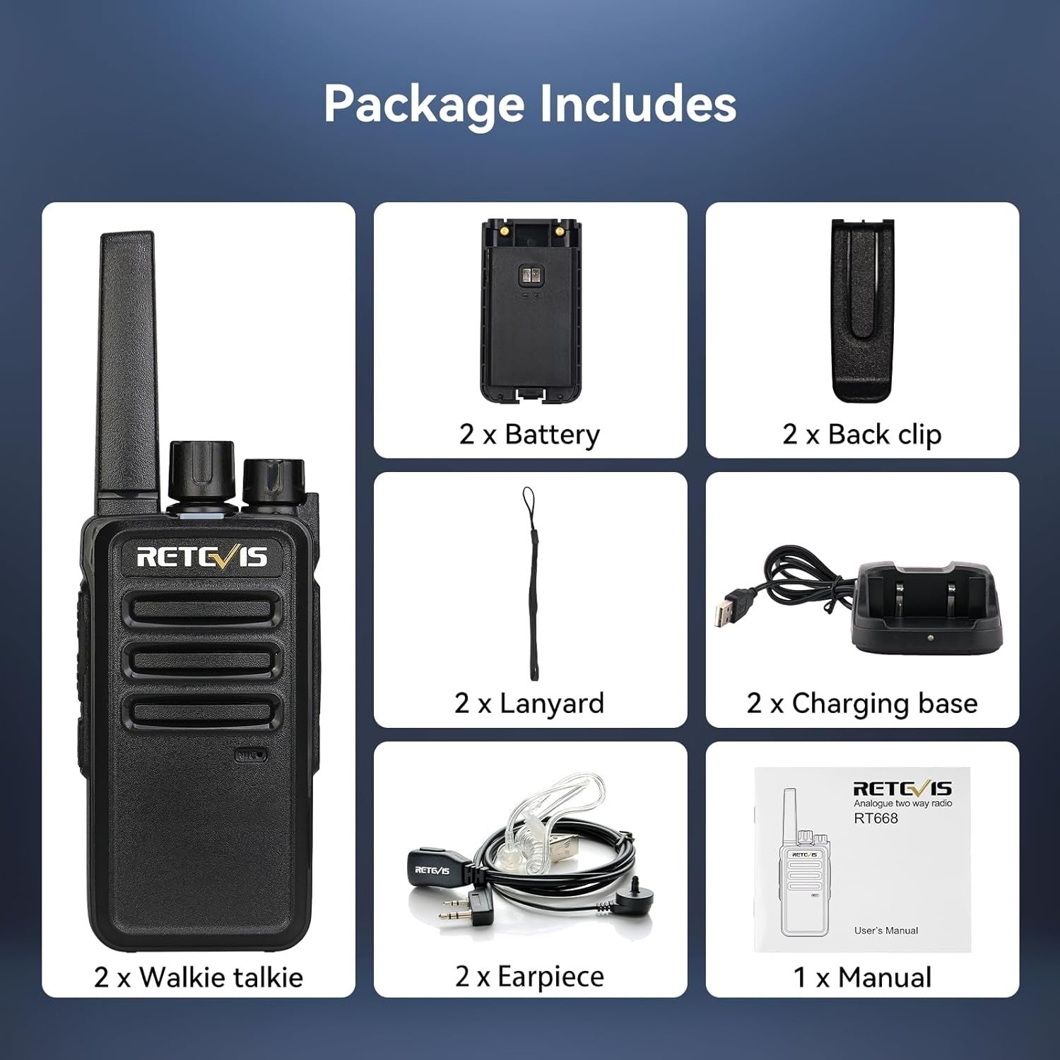 Rechargeable Walkie Talkies Long Range 2 Way Radio w Earpiece 2 Pack