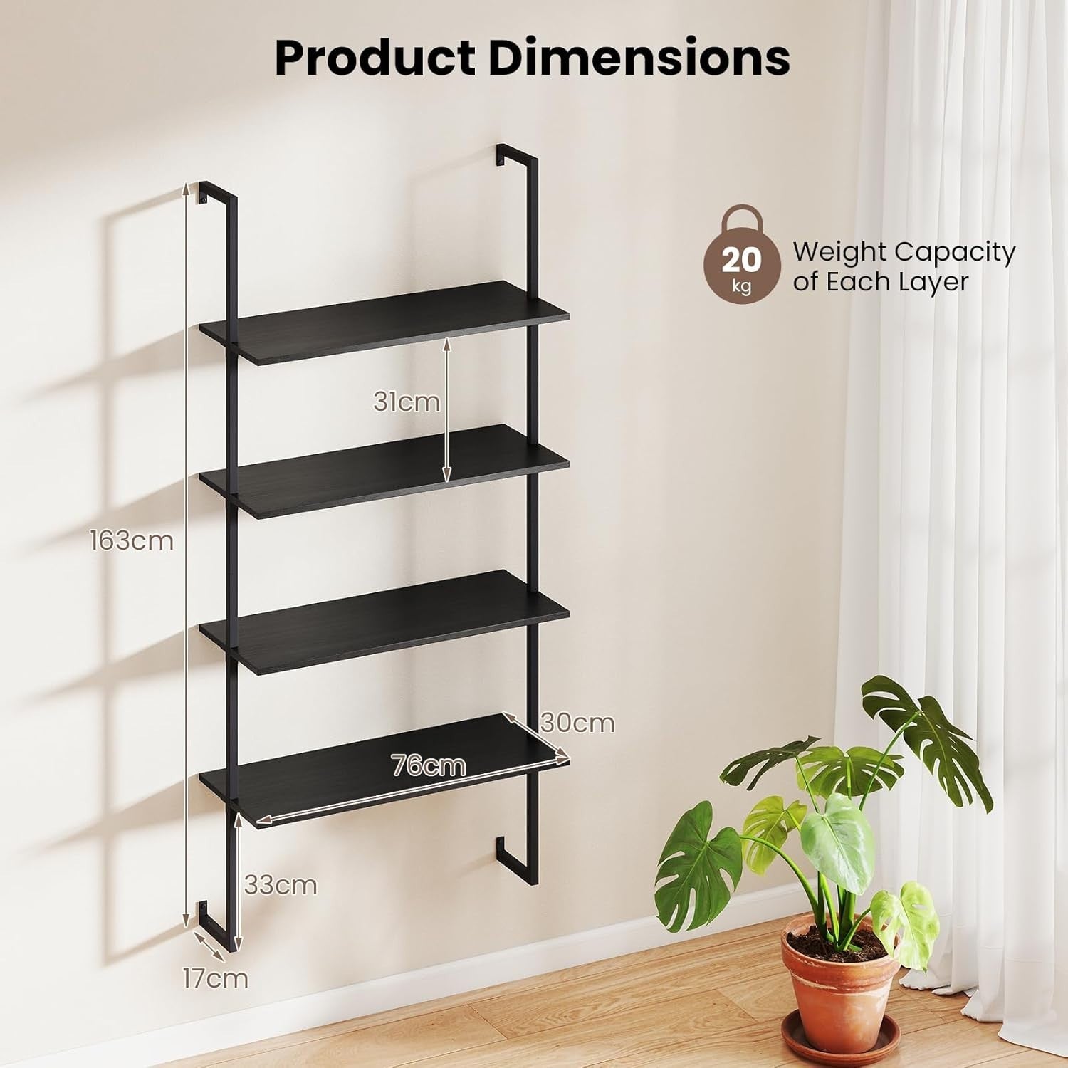 4 Tier Ladder Shelf Wall Mounted Bookcase Metal Frame Storage Rack