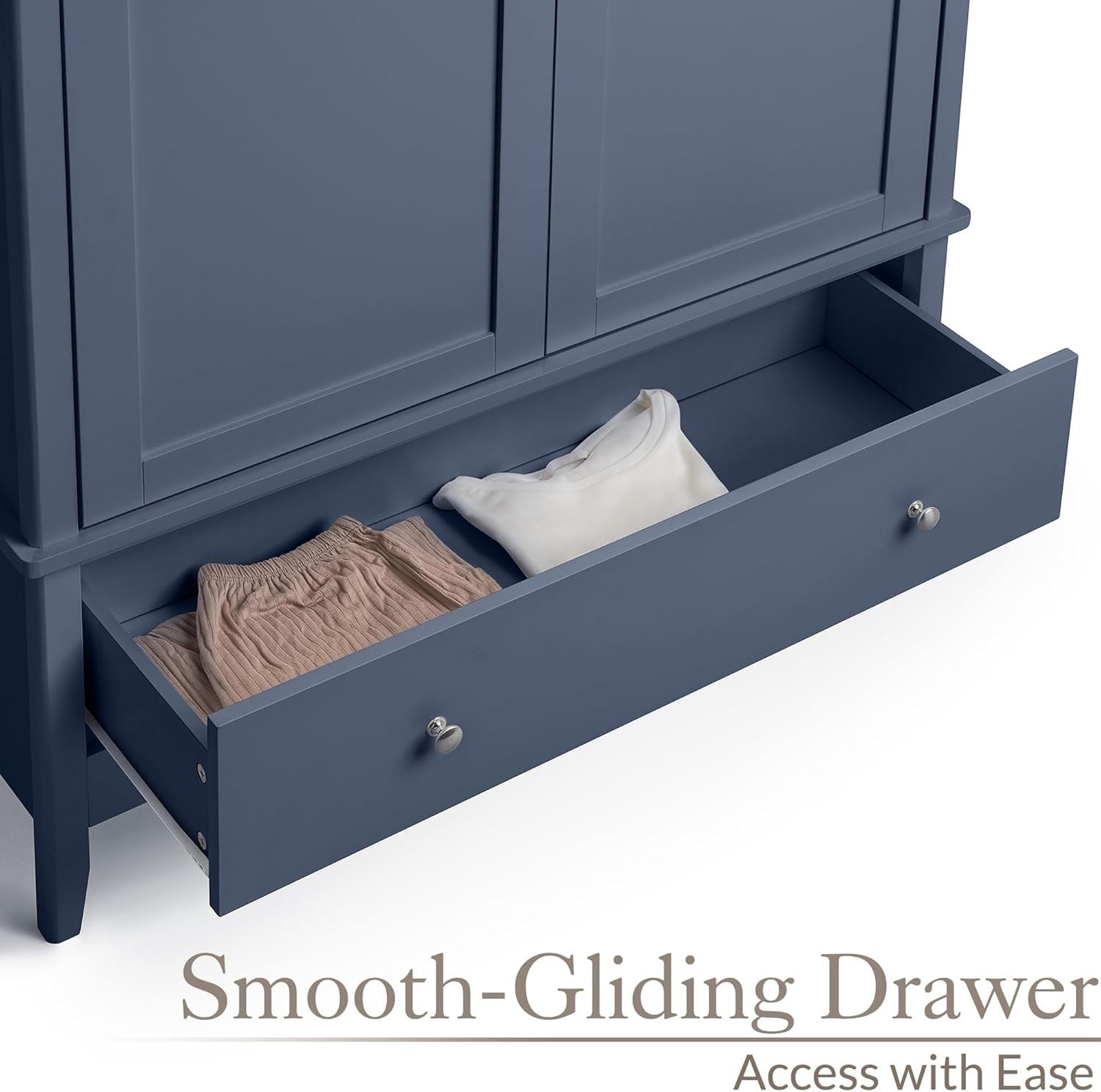 Navy Blue Double Wardrobe with Drawer | Soft Close Doors | Clothes Rail