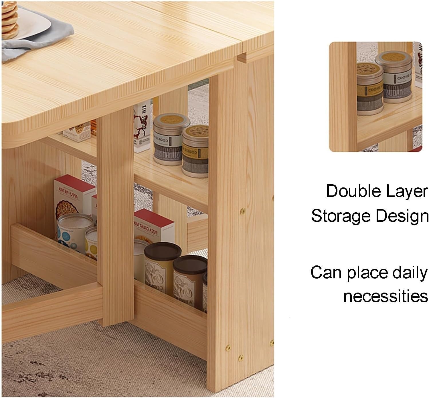 Foldable Drop Leaf Wooden Table with Storage Shelves Space Saving Walnut