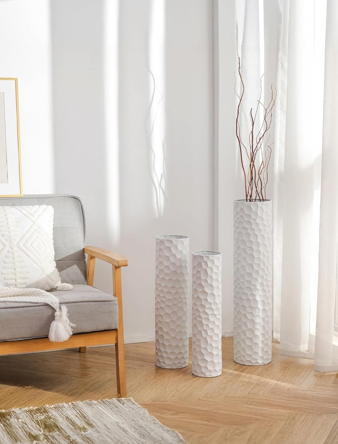 Tall White Metal Floor Vase Set Large Modern Pampas Grass Decor 3pcs