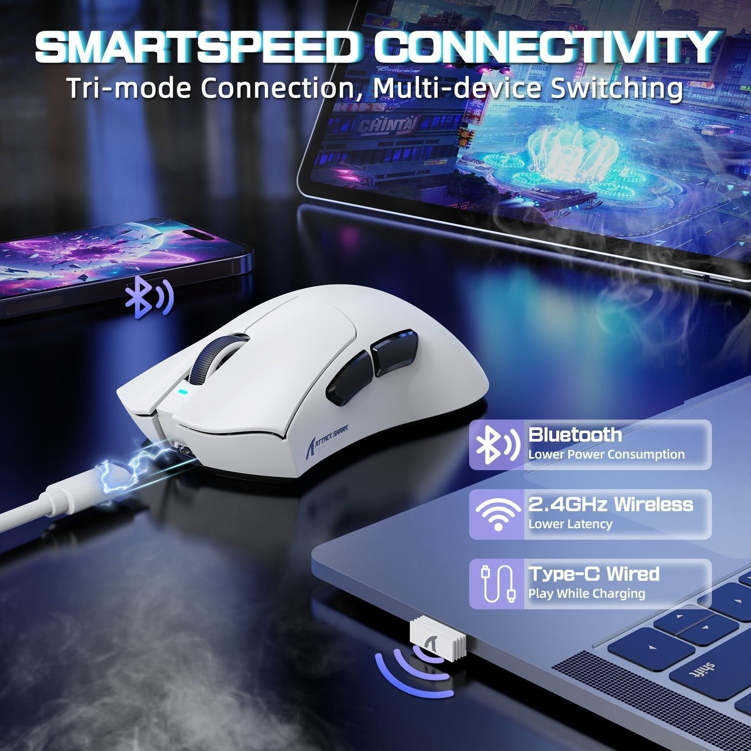 Wireless Gaming Mouse 25000 DPI 65g RGB Dock 100M Clicks White