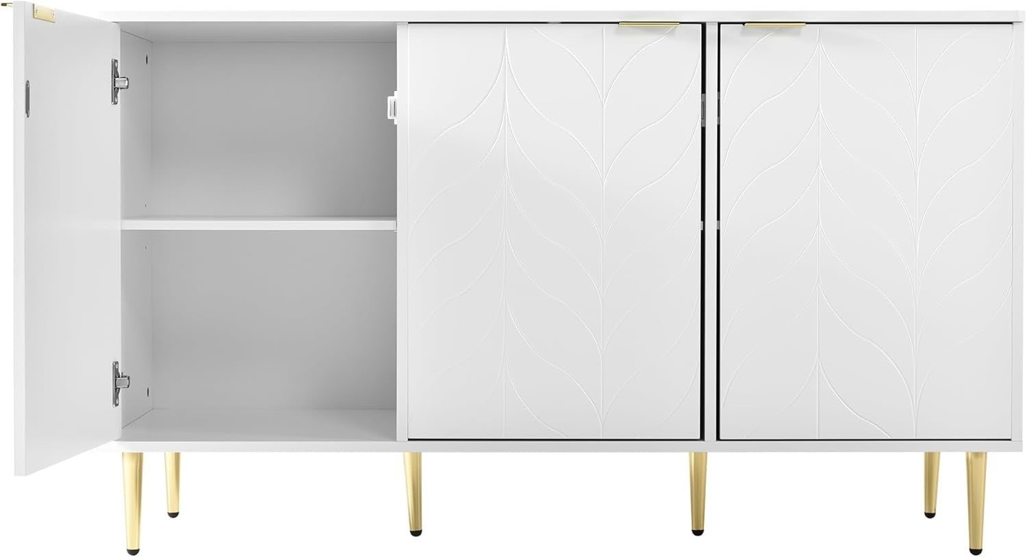 White Sideboard Cabinet 3 Doors Gold Legs Modern Storage Unit 127cm