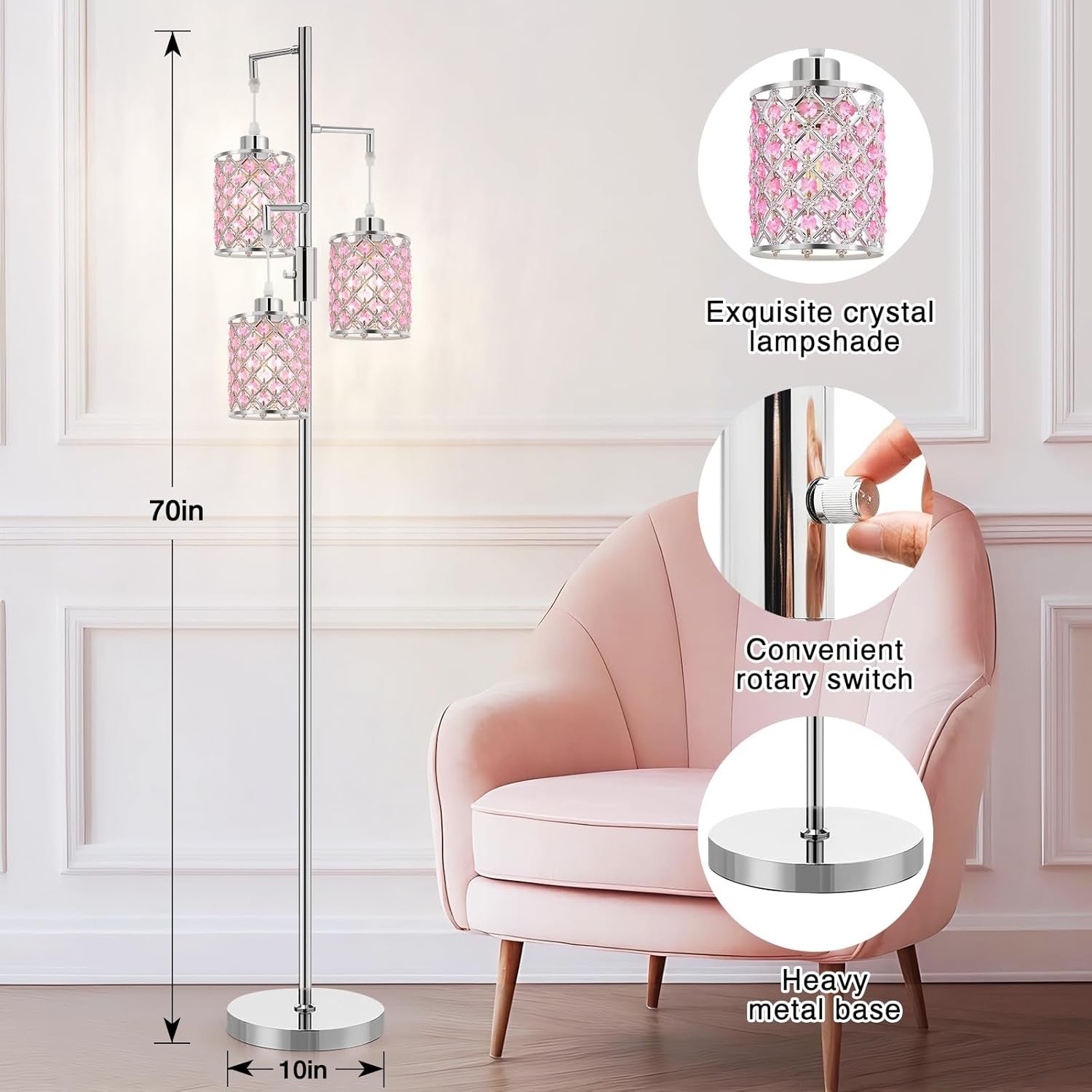 Crystal Floor Lamp 3 Light Pink Standing Lamp Tall Luxury Bedroom Light