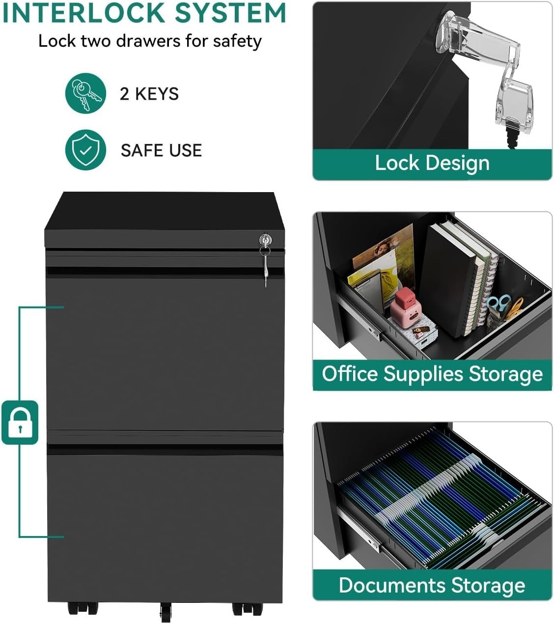 Black 2 Drawer Lockable File Cabinet 51x39x71cm Mobile Steel