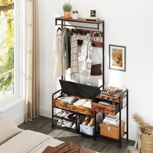 Freestanding Hall Tree Coat Rack with Shoe Storage Bench & Side Table
