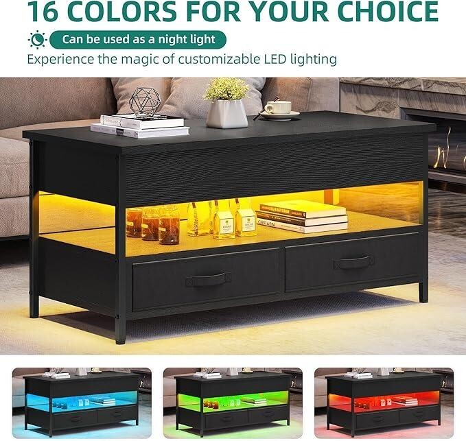 Height Adjustable Coffee Table with Storage Drawers & LED Lights Black
