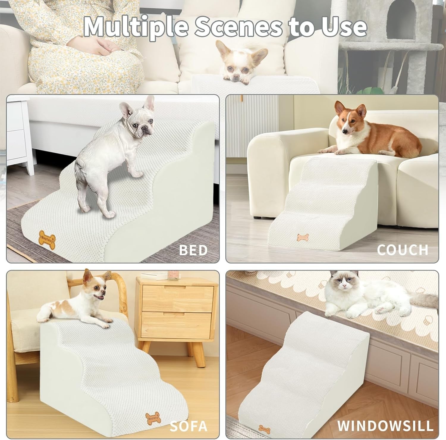 3-Step Dog Stairs Non-Slip Pet Ramp Small Dogs Cats Beige
