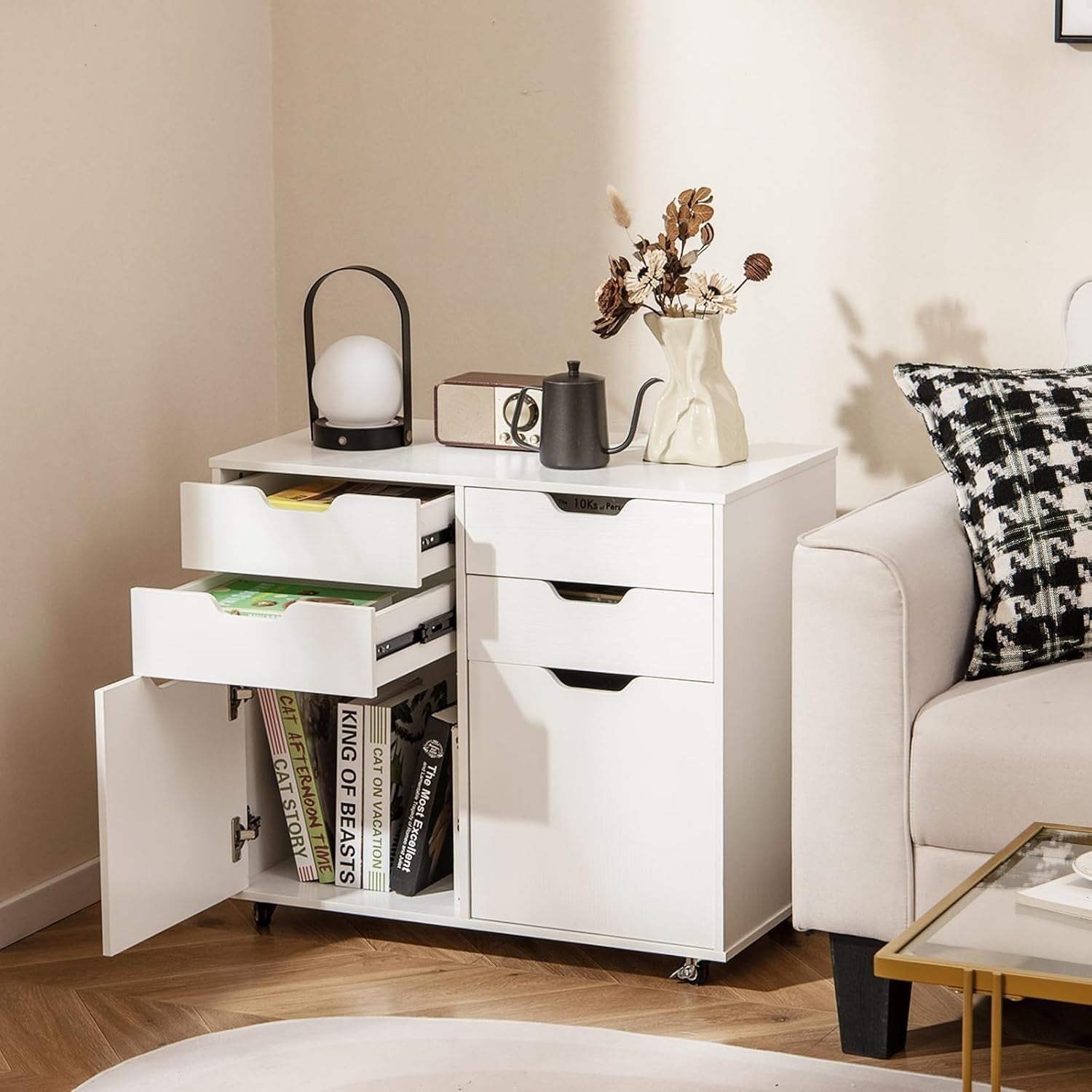 White Mobile File Cabinet 4 Drawer 2 Door Rolling Printer Stand