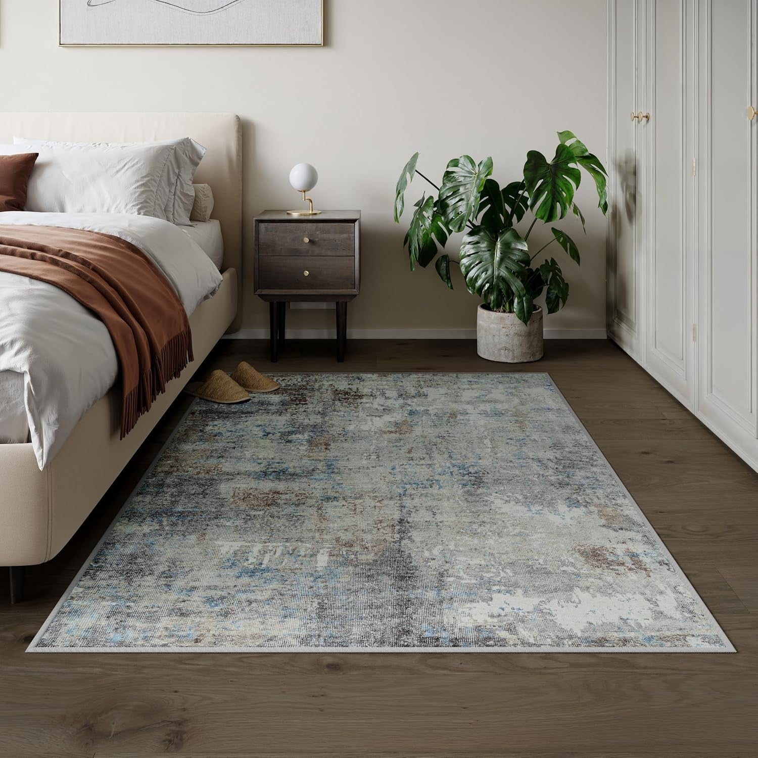 Washable Rug 122x170cm Non-Slip Short Pile Distressed Blue Brown Area Carpet