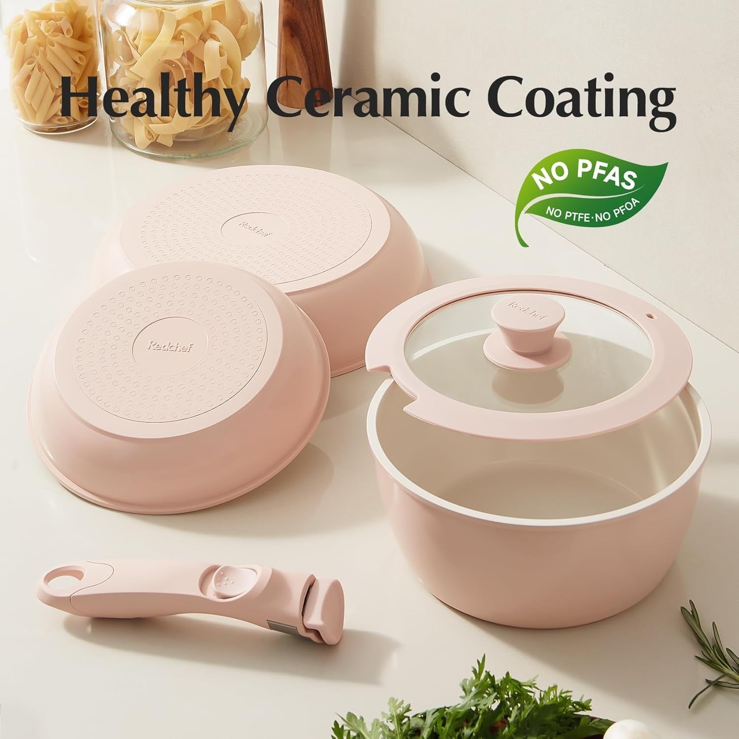 16pcs Pink Ceramic Cookware Set Non Stick Induction Safe Detachable Handle