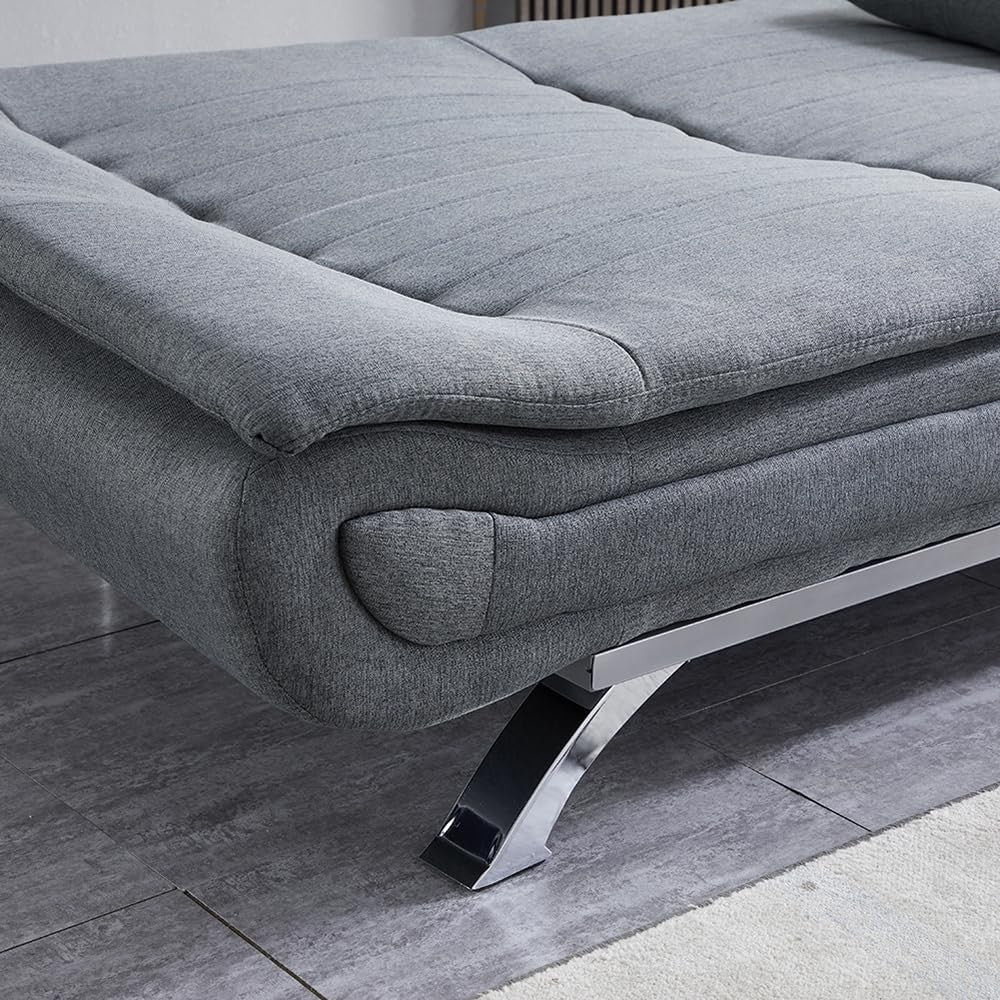 Grey Linen 3 Seater Sofa Bed Double Futon with Pillows, 188cm Convertible