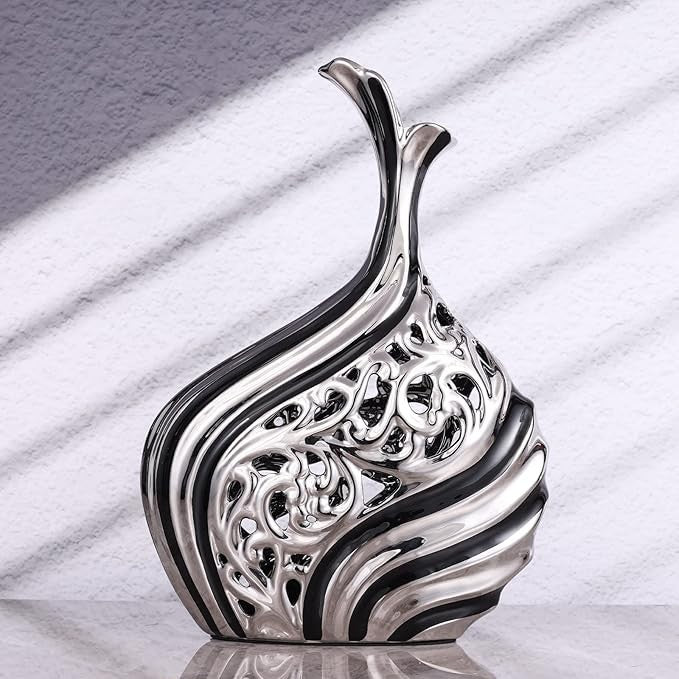 Tall Silver Black Floor Vase 38cm Modern Pampas Grass Luxury Decor