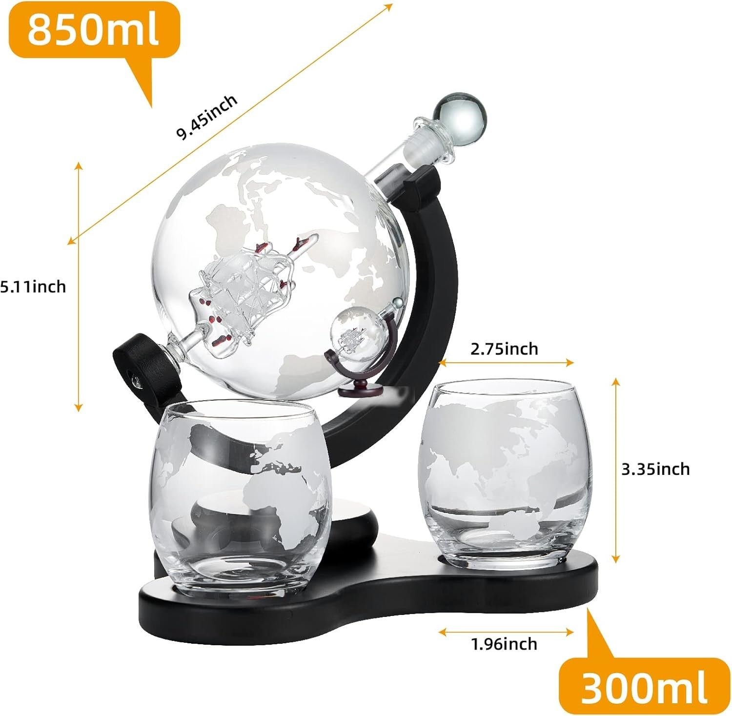Luxury Globe Whiskey Decanter Set 850ml Glass with 2 Tumblers & Ice Stones