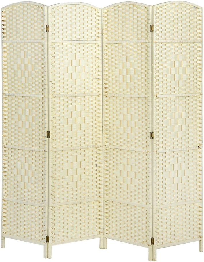 Beige Wicker Folding Room Divider 4 Panel Rattan Privacy Screen for Home Office