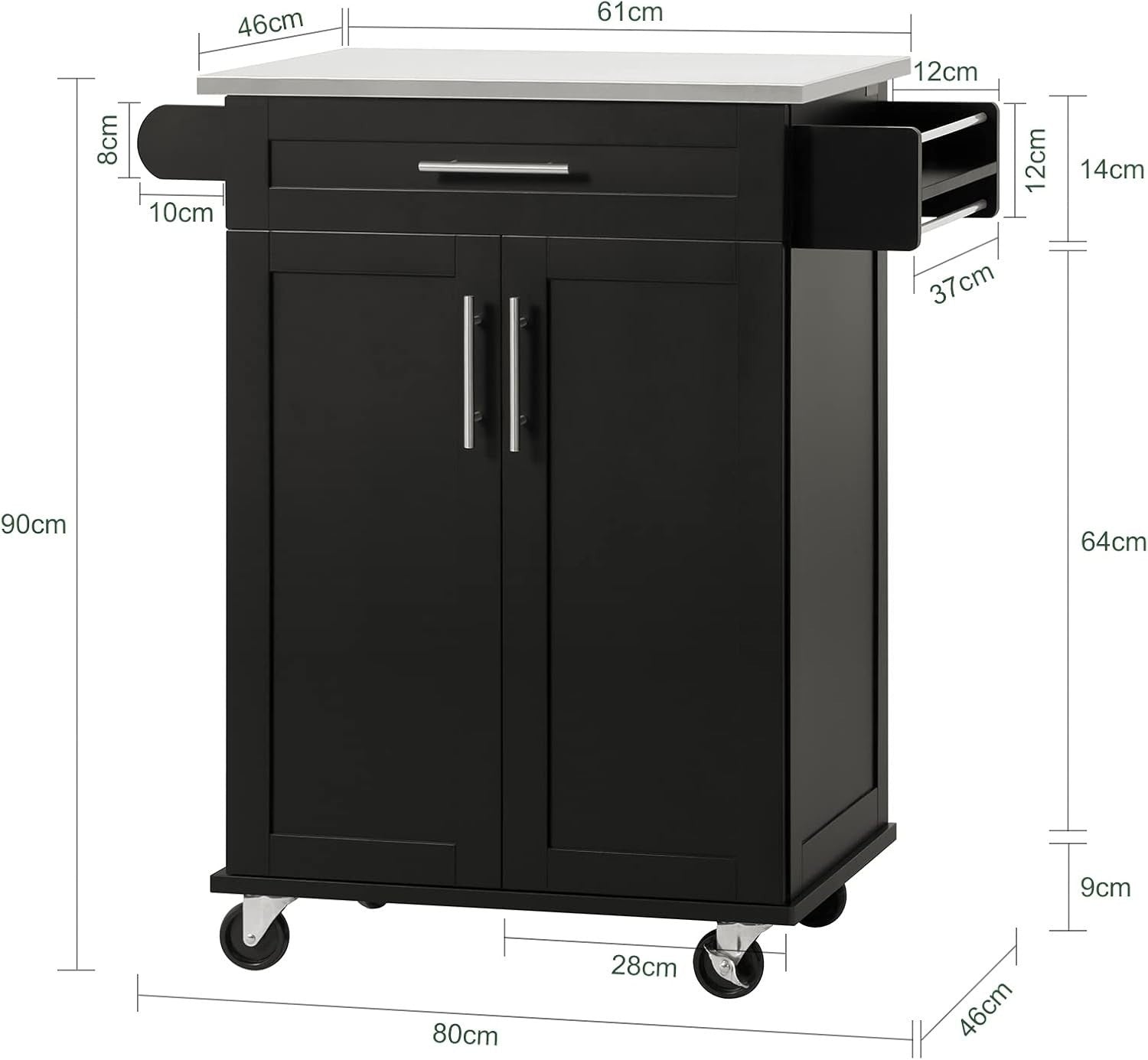 Mobile Kitchen Island Cart with Stainless Steel Top, Storage Drawer & Cabinet